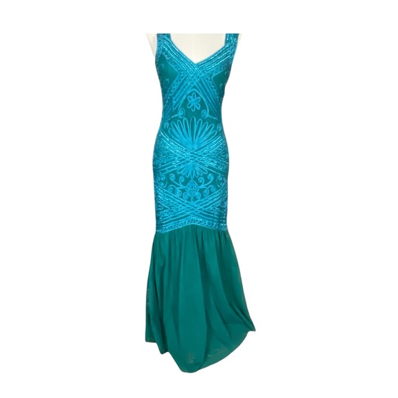 JS Collections Teal Soutache Sequin Mermaid Gown Art Deco V-Neck Formal Dress - Picture 2 of 9